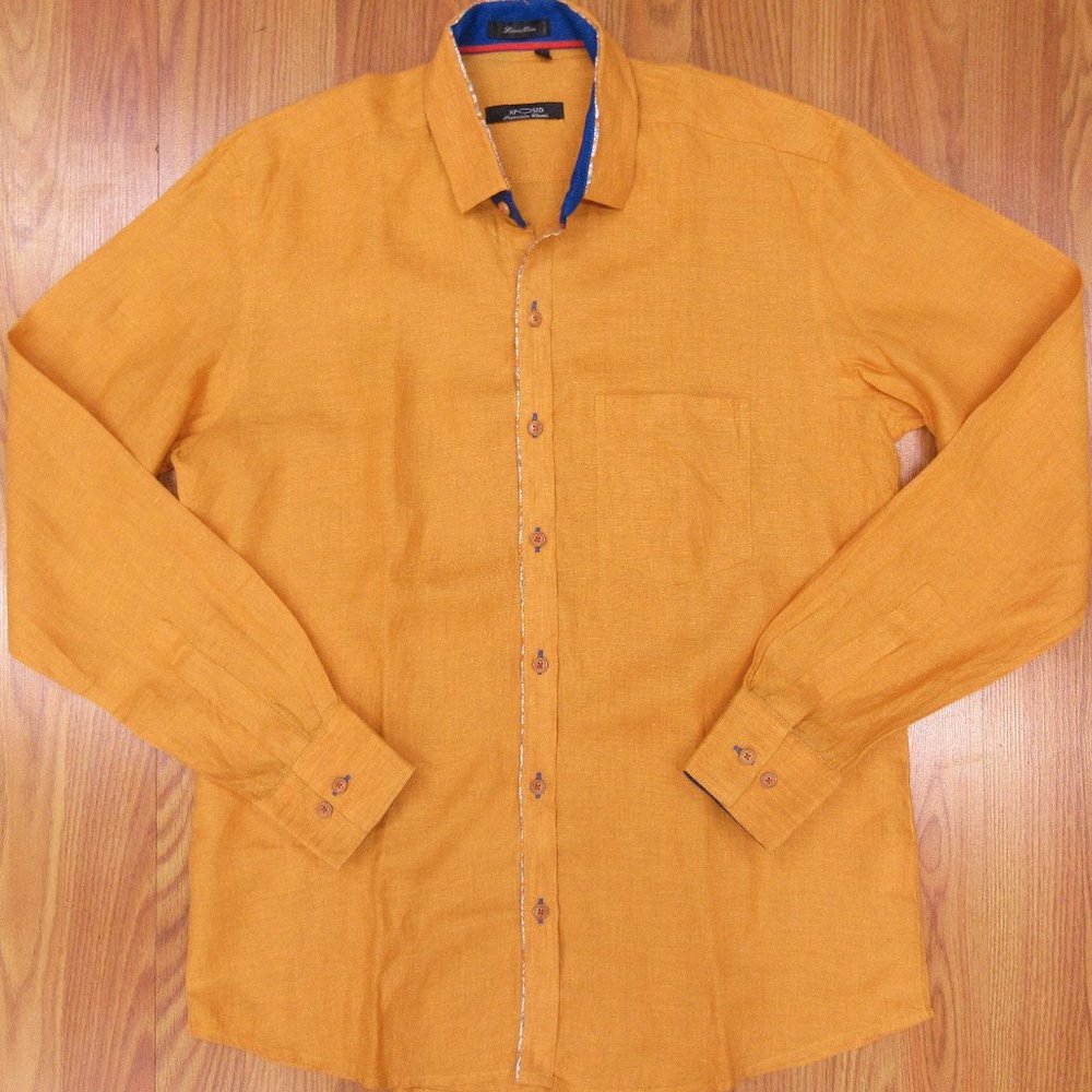 XPOSED REGULAR FIT 100% LINEN SHIRT DARK YELLOW/ORANGE Sz LARGE, L
